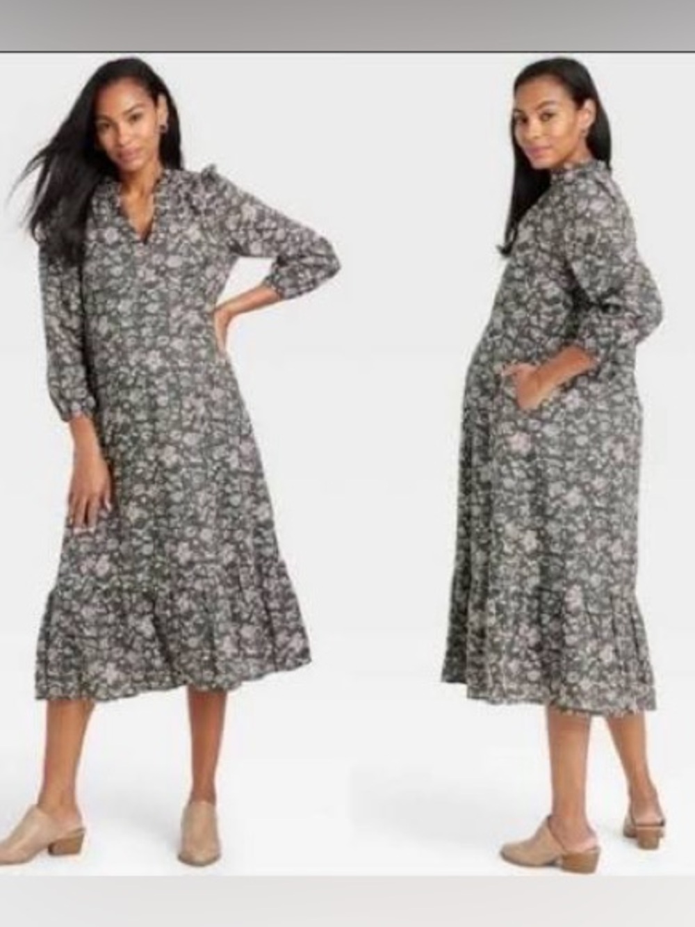 The Nines hy Hatch Maternity  Midi Dress in Olive Green with pale pink floral - Picture 2 of 6